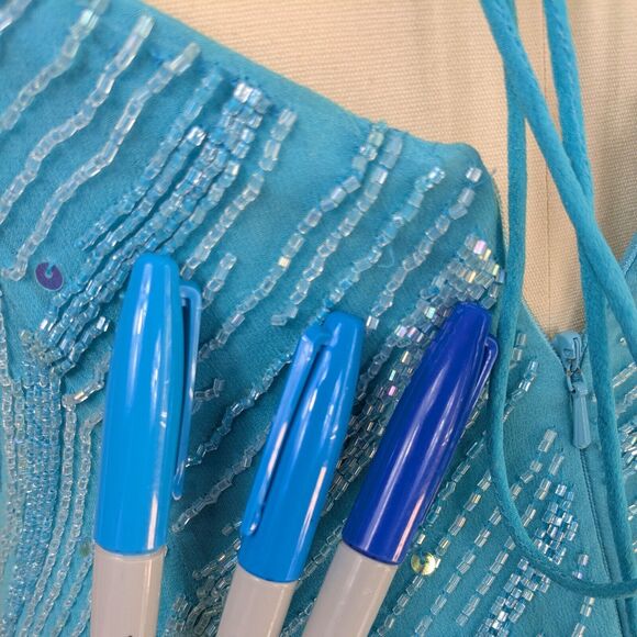 Silk Prom Dress Maxi Gown 10 Blue Vintage Y2K Fairy Glam Bead Princess Slit Bead - Picture 8 of 15